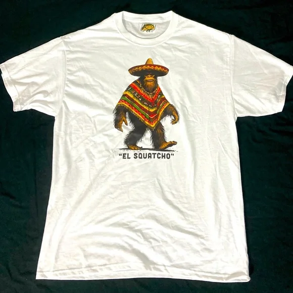 "EL SQUATCHO" - Big Foot Sasquatch Taco Sombrero Poncho Men’s White Tee NWT - Picture 2 of 4